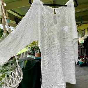 Cold shoulder Blouse, 3/4 sleeve mesh with white sequins throughout the blouse.